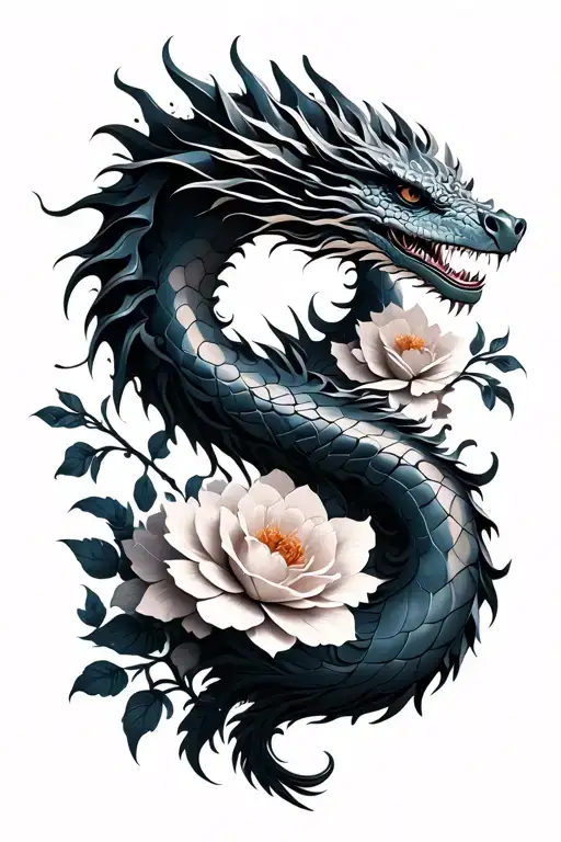 Dragon And Flowers Intertwined