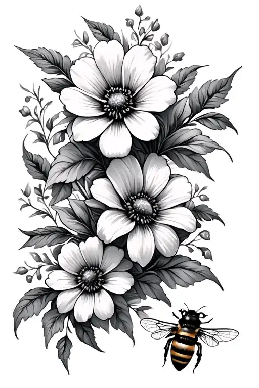 Flower And Bees With Floral Ornament