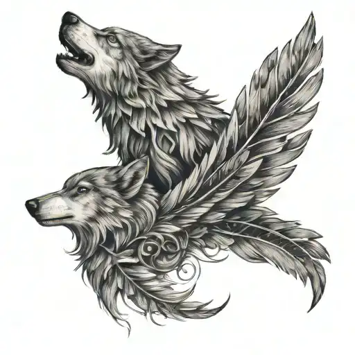 Feathers Intertwined With Wolf Silhouettes In A Parchment Scroll Design