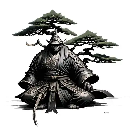 Sammurai Next To A Bonsai Tree
