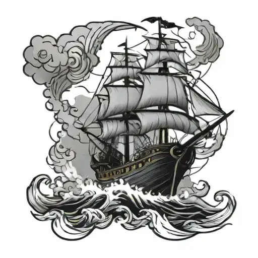 Pirate Ship Sailing Through Stormy Sea With Lightning