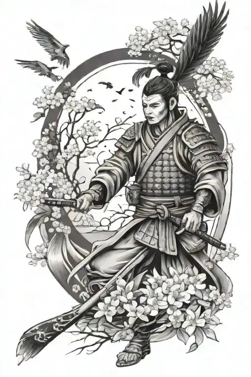 Samurai Warrior With Ravens Flying And Sakura Trees