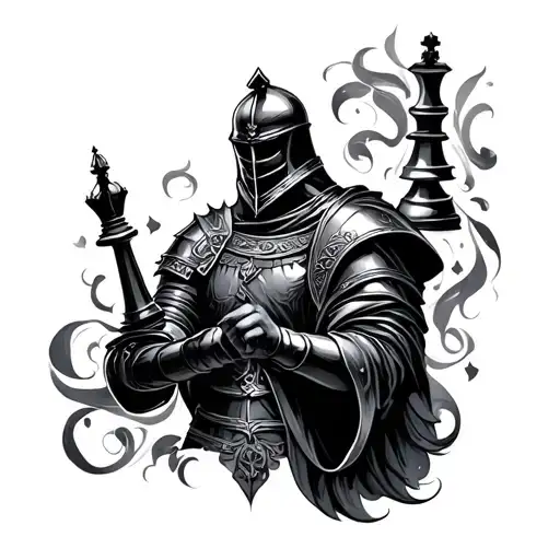 A Black Chess Knight With A Flowy Design Tattoo On The Right Side Of A Middle Finger