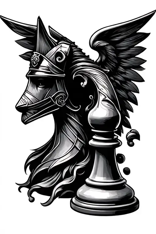A Black Chess Knight With A Flowy Design Tattoo On The Right Side Of A Middle Finger