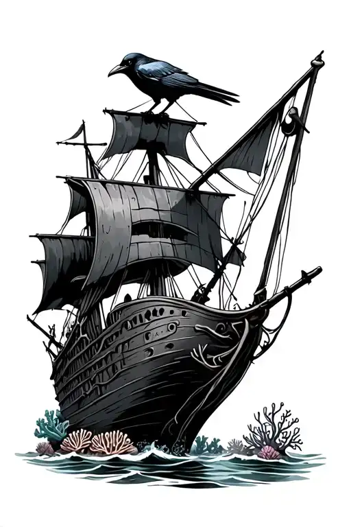 Shipwreck With Crow Perched Atop And Coral Reefs Below