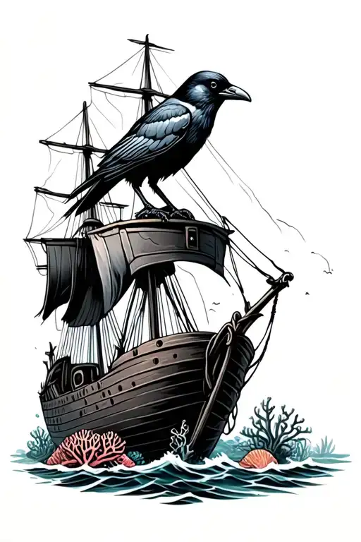 Shipwreck With Crow Perched Atop And Coral Reefs Below