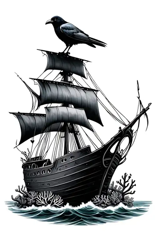 Shipwreck With Crow Perched Atop And Coral Reefs Below