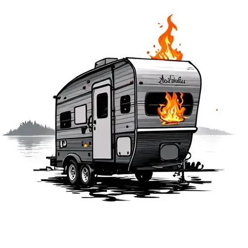 Camping Trailer With Lake And Fire
