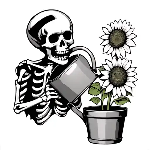 A Skeleton Holding A Watering Can Over A Small Sunflower In A Sunflower Pot