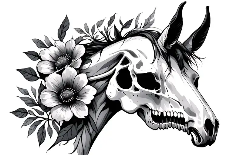 Horse Skull With Dry Flowers