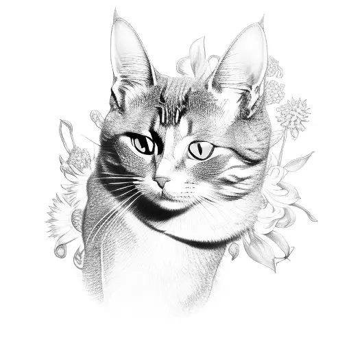 A Beautifully Detailed Black And Grey Tattoo Of A Cat Exploring A Garden Filled With Vibrant Flowers