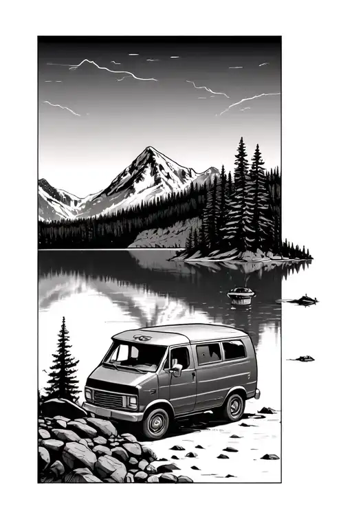 Mountain And Lake And Van Parked