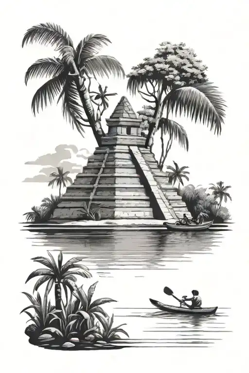 A River Between Mangroves With 2 Kayaks And A Mayan Pyramid In The Distance