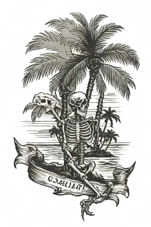 South Carolina Flag With A Skeleton On A Beach Under The Palm Tree
