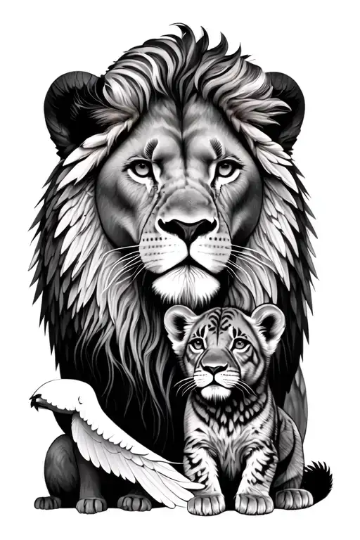 Female Lion Next To Her Female Baby Cub And Male Angel