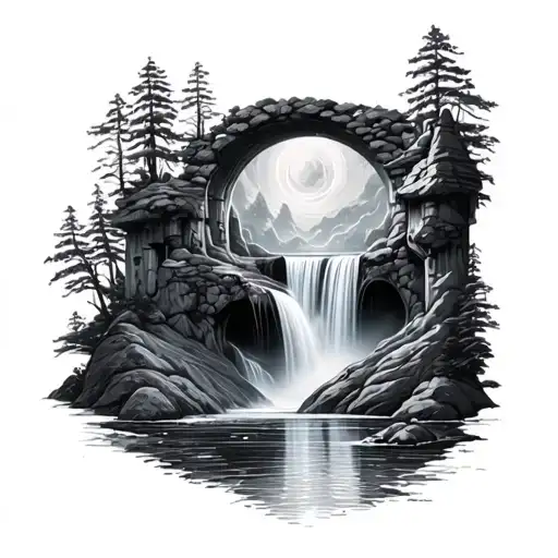 Waterfall On Lower Side Back With Portal To Another Universe