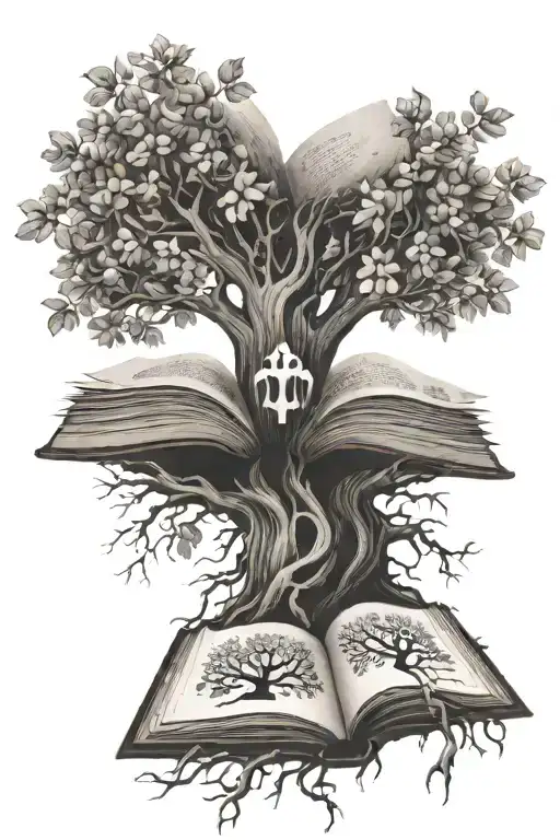 Tree Growing Out Of Open Book With Roots Surrounding 8 Paw Prints