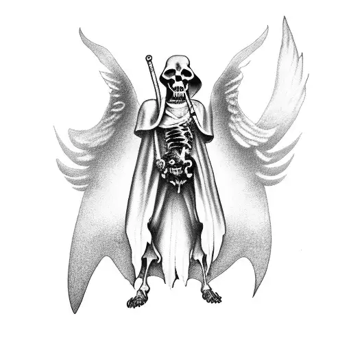 Grim Reaper With Wings In A Trone Reching Out His Hand On A Graveyard