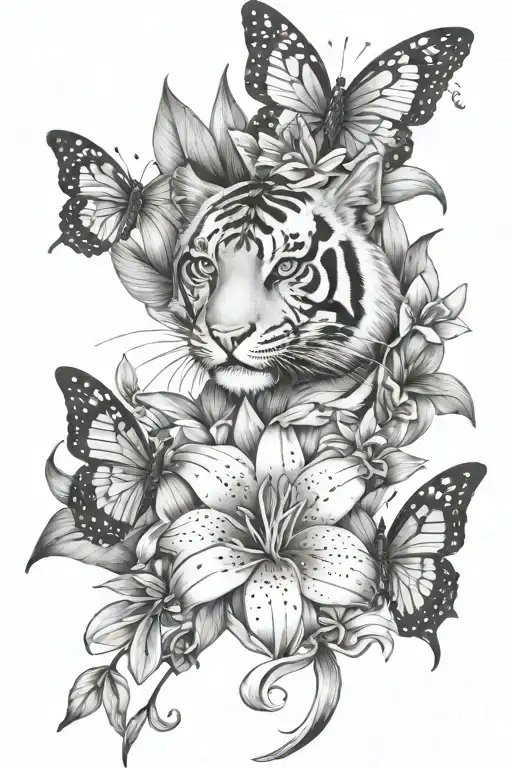 Tiger Lily Flowers And Hello Kitty And Butterflies