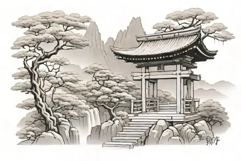 Japanese Shrine In Mountain Scene With Torii Gates And Nature