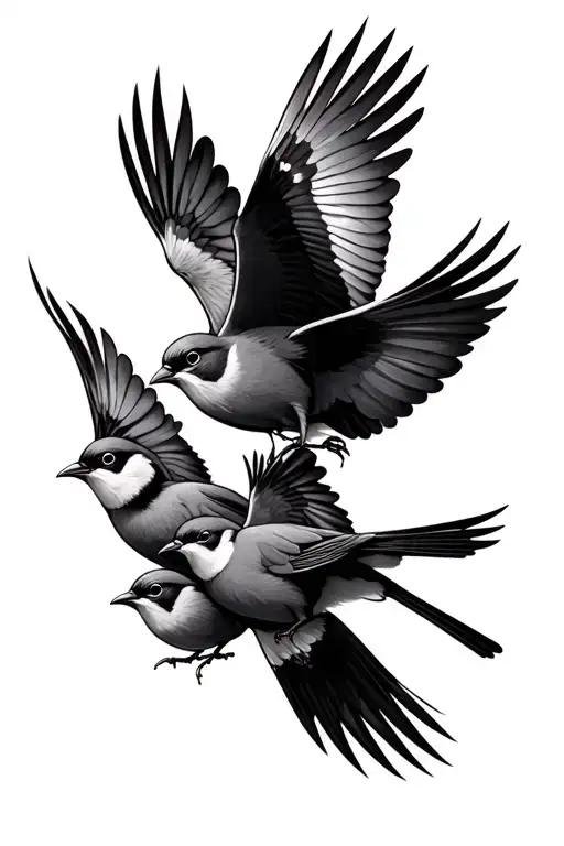 3 Baby Birds With A Big Mama Bird Soaring