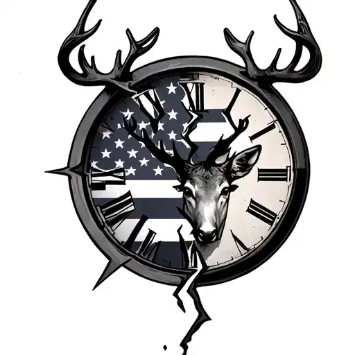 Broken Clock With Amerian Flag And A Deer Head