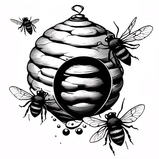 Domed Bee Hive & Honey Bees Flying Towards Each Other