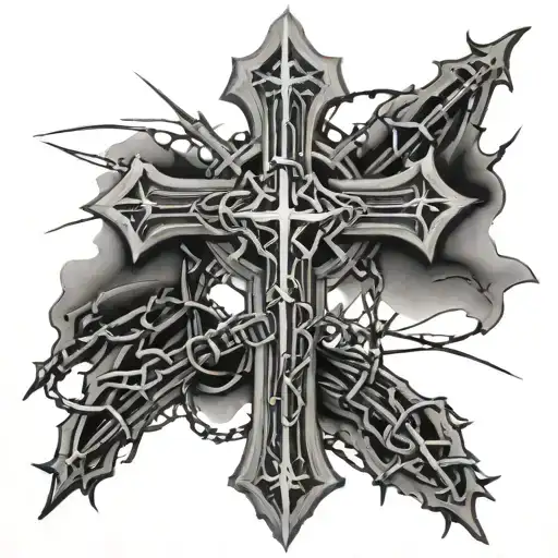 Gothic Cross Surrounded By Barbed Wire Wrapped