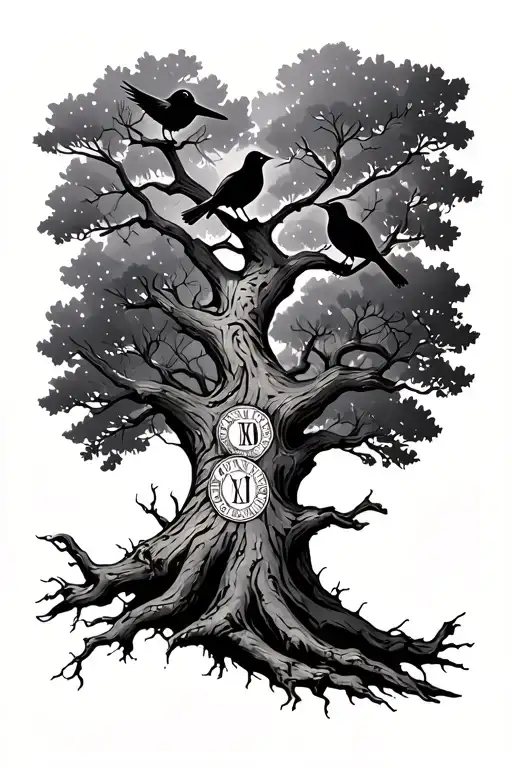 Tree With Birds With Roman Numerals On Thr Bark