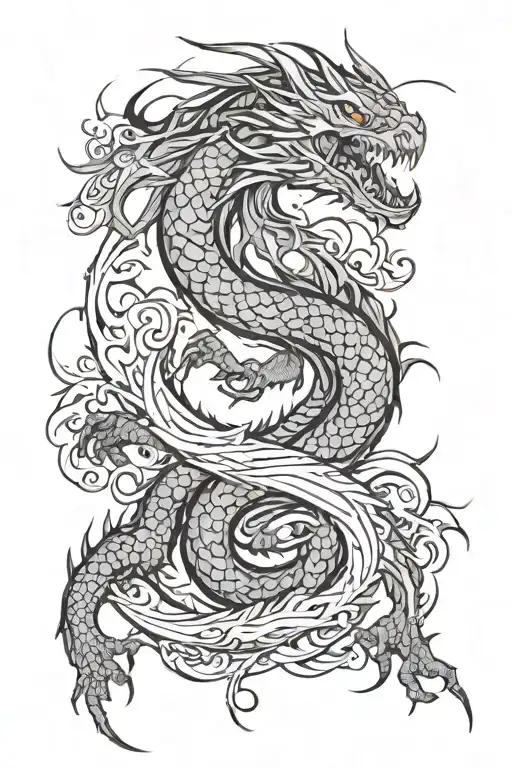 A Dragon Tattoo Full Body Flowy Design Combining Elements In Vertical Straight Line