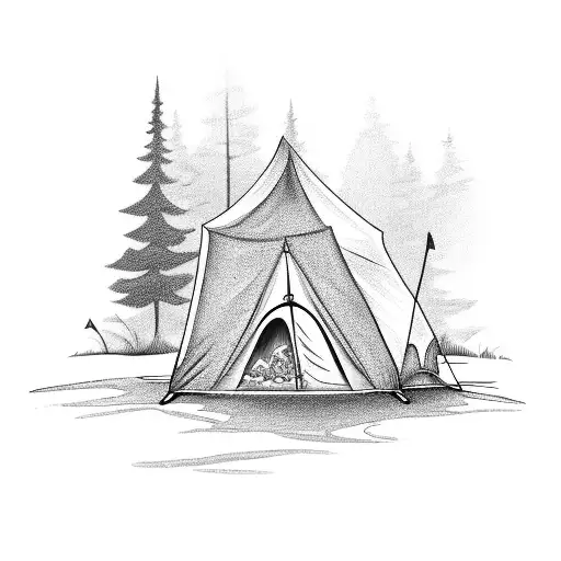 Campfire Scene With Black-grey Shading And A Tent In The Background