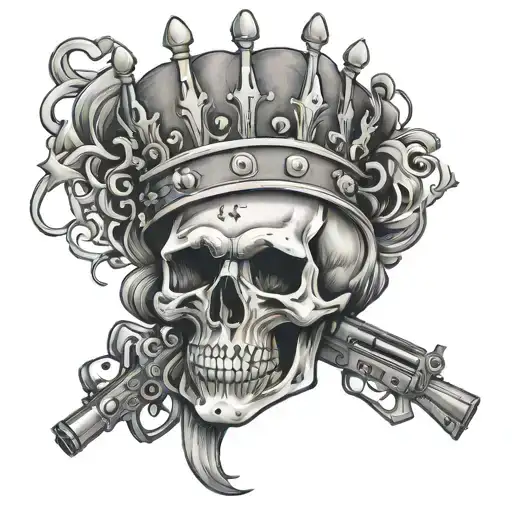 A Tattoo Design Of A Skull Wearing A Crown Made Of Dollar Signs And Surrounded By Bitches And Guns
