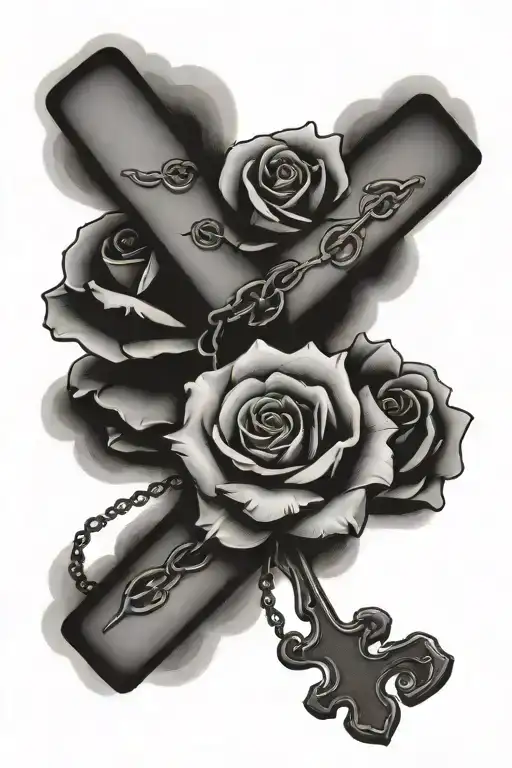 Rose With Praying Hands Holding A Cross Chain With Clouds In Background