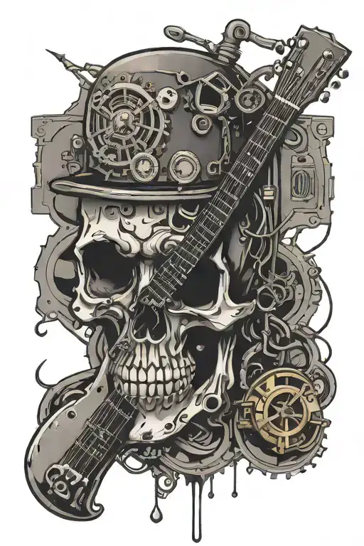 Steampunk Skull With Musical Note Around An Electric Guitar
