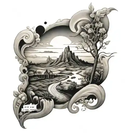 A Black And Grey Tattoo Of A Surrealistic Landscape With Hidden Beatles Lyrics Incorporated