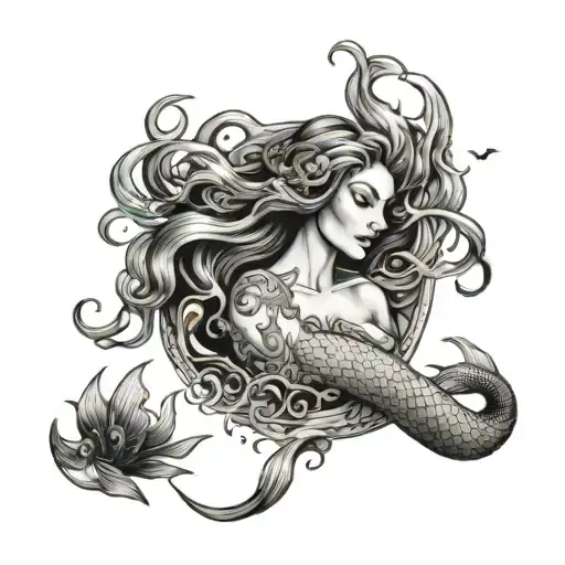 Illustration Of A Seductive Mermaid Surrounded By Swirling Waves And Sea Creatures