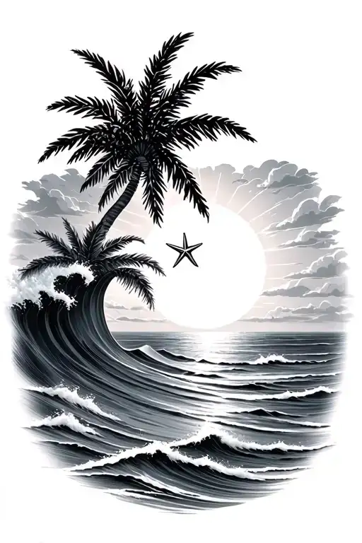 Waves Crashing Sun Setting Sea Star Palms