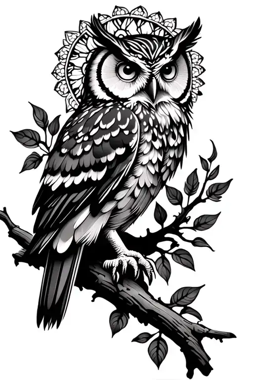 Owl On Branch With Mandala Style Background Black