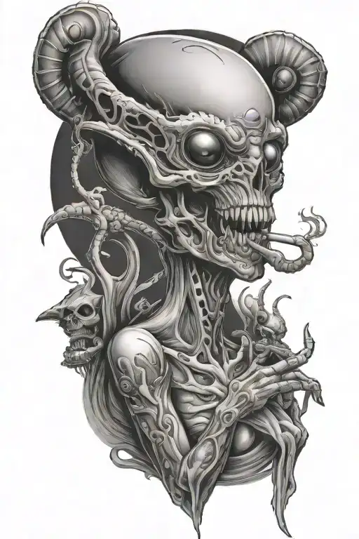 Female Alien Smoking Joint Surrounded By Strange Creatures