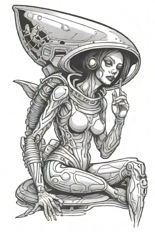Alien Female Full Figure Smoking Weed With A Spaceship In The Background