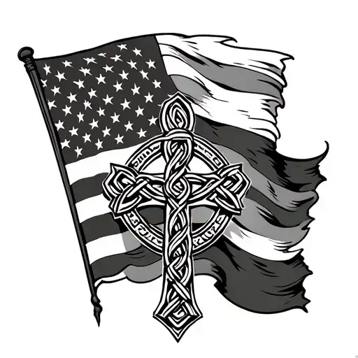 Scottish Irish And American Flags Intertwined With A Celtic Cross