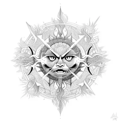 Create A Tattoo Of A Fierce Sun With Intricate Sword Patterns