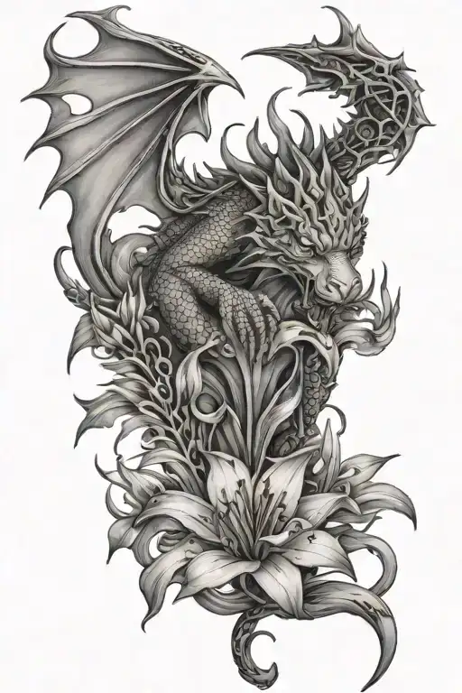 Dragon Wrapped Around The Stem Of A Tiger Lily Flower With Its Head Resting On The Flower