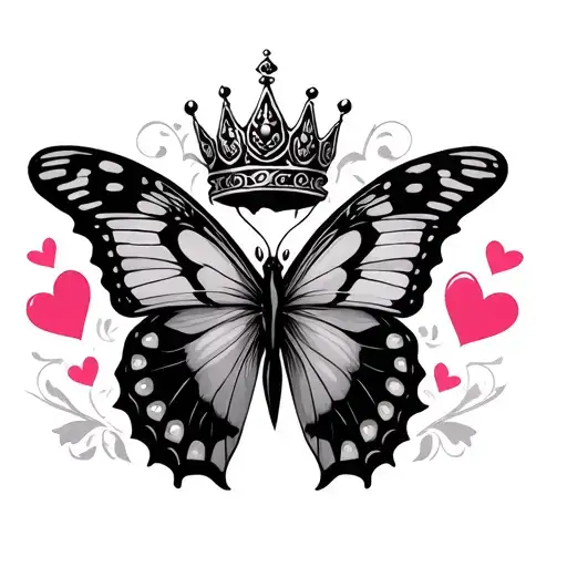 Butterfly With Crown And Hearts One Heart