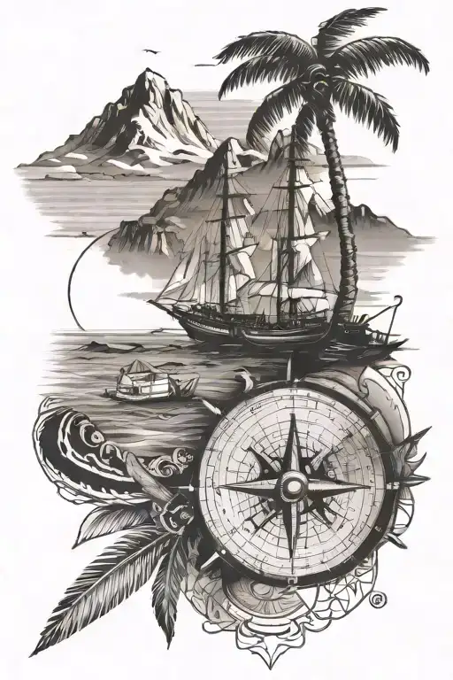 Mountains In Background Beach In Foreground With Palm Trees And Stranded Boat And Nautical Compass