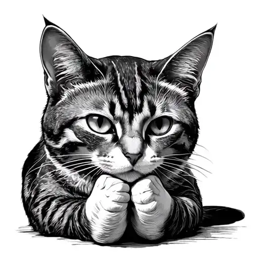 Cat Praying In Front Of A Statu Of A Pizza Sclice