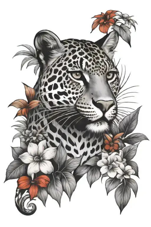 Jungle Forest Animals Black White Red Flower Jaguar