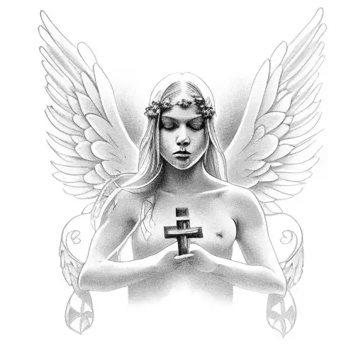 Simple Cross With Simple Flowers And Simple Angel Wings