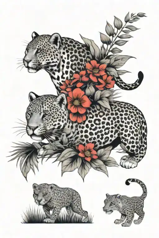 Jungle Forest Animals Black White Red Flower Jaguar
