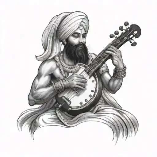 A Portrait Of A Sikh Warrior Playing A Musical Instrument